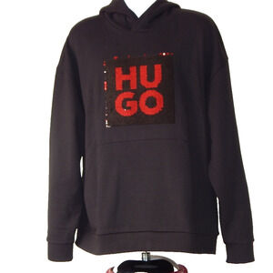 NWT HUGO Deseqino Reverse Sequin Logo Relaxed Fit Overhead Hoodie Black Men’s XL